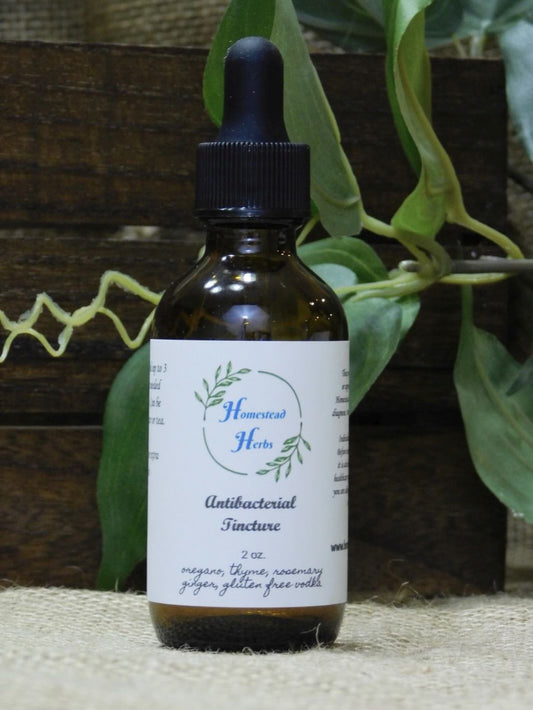 Products Antibacterial Tincture with gluten free vodka 2 oz. dropper antibacterial antibiotic. Organic herbs used include oregano, thyme, rosemary, ginger.  All of which may help fight infection, inflammation and are a great source of vitamin C and antioxidants