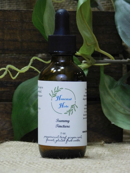 Digestion Tummy Tincture 2 oz dropper made with gluten free alcohol.   Ingredients: peppermint, ginger, fennel & gluten free vodka. Peppermint leaf: reduces and/or decreases vomiting and nausea.  Relaxes the digestion system and may ease pain.  Prevents smooth muscles from contracting which may relieve the symptoms of IBS and many other digestion issues.  Ginger: helps with nausea, motion sickness and morning sickness.  Fennel: helps with spasms, relieves trapped gas and calms the digestive tract.