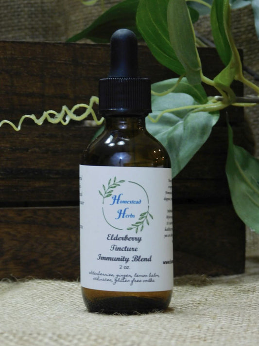 2 oz. dropper bottle of our Elderberry Tincture Immunity Blend.  Build up your immunity with the perfect blend of herbs.  Ingredients: elderberries, ginger, lemon balm, echinacea and gluten free vodka. Great for immunity from cold flu and many other illnesses or an every day immunity boost