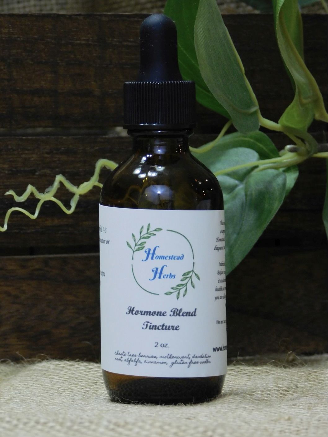 Hormone Blend Tincture made with gluten free vodka. 2 oz. dropper bottle.  Ingredients: chaste tree berries, motherwort, dandelion root, alfalfa, cinnamon & gluten free vodka