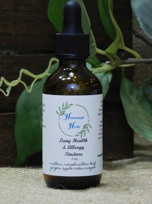 Lung Health & Allergy Tincture (alcohol free) 2 oz dropper bottle.  Ingredients: mullein, marshmallow leaf, ginger, apple cider vinegar  May relieve symptoms of allergies, asthma, copd, and other lung conditions.