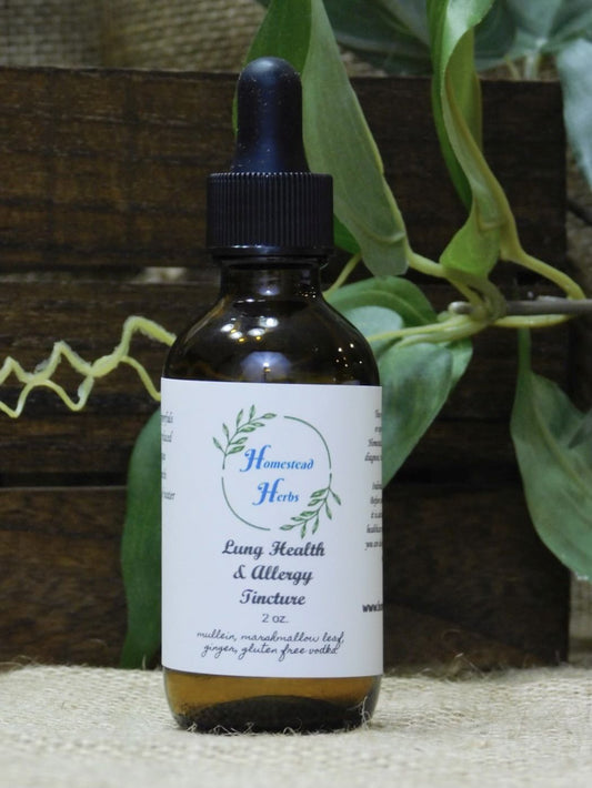 Lung Health & Allergy Tincture 2 oz dropper bottle.  Ingredients: mullein, marshmallow leaf, ginger, gluten free vodka  May relieve symptoms of allergies, asthma, copd, and other lung conditions.